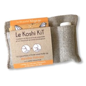 Kit de voyage contre le mal des transports: huiles essentielle menthe poivrée et mouchoir en tissu